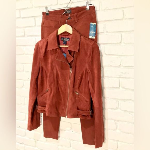 LUCKY BRAND 2 PIECE RUST SUEDE MOTORCYCLE MOTO JACKET & MATCHING PANTS 70s RETRO - Picture 8 of 15